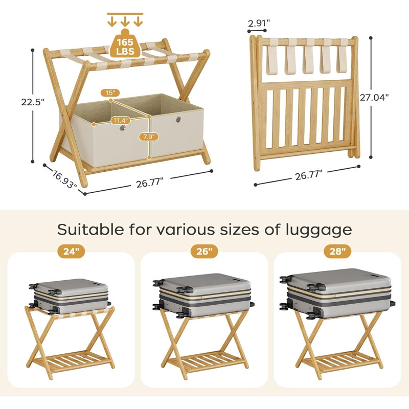 Porte-bagages entièrement assemblé, paquet de 2 avec 4 boîtes de rangement, support à bagages pliant en bambou 26,77 po