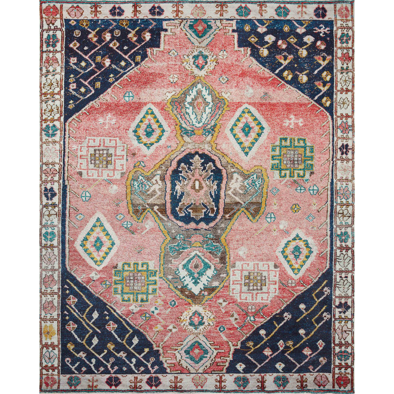 Moroccan Machine Made Power Loom Polyester Area Rug in Rust/Navy, Runner 2'6" x 7'6"