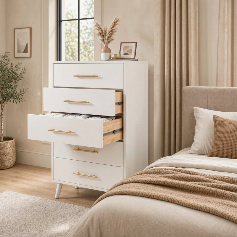 Commode haute 5 tiroirs H 43 pi Jakyria, Blanc