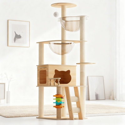 Tour pour chat 59 po en bois robuste pour petits et grands chats, grande maisonnette pour chat d'intérieur avec perchoir supérieur, poteaux en sisal et hamac en acrylique