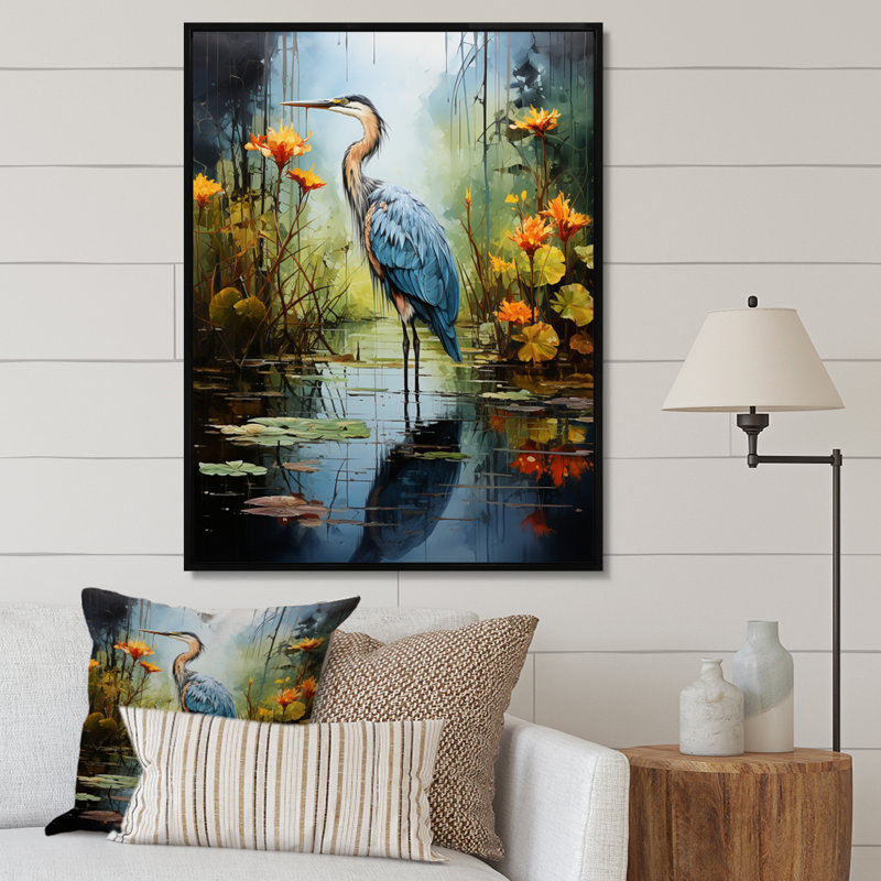 Décoration murale Lason Heron Silent Waters Pointillism I - Heron, H 32 po x l 16 po x P 1 po, Cadre flottant noir