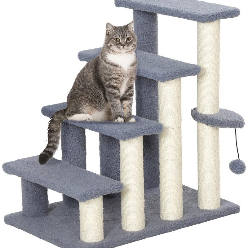 Escalier pour chat à 4 niveaux, gris avec poteaux à griffer, support suspendu et marche latérale pour chaton pour animaux de compagnie 4 niveaux