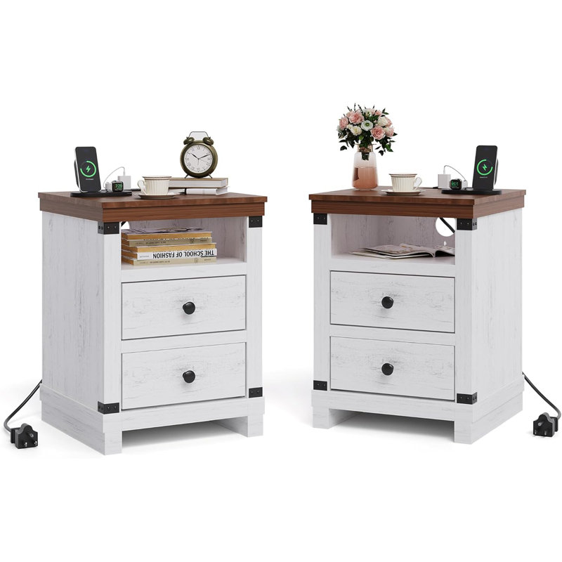 Nightstand with Charging Station & Storage, Modern Rustic Bedside Tables with 2 Drawers & Open Shelf, USB & AC Outlets, White