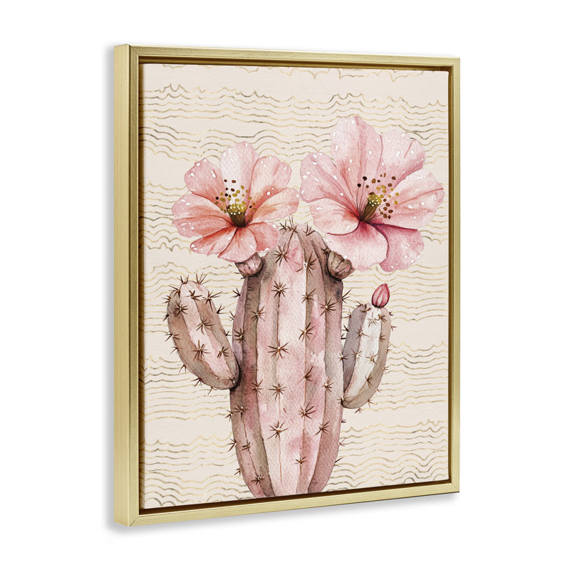  Art mural sur toile pastel cactus avec fleurs, H 21 po x l 17 po, Cadre flottant métallique doré