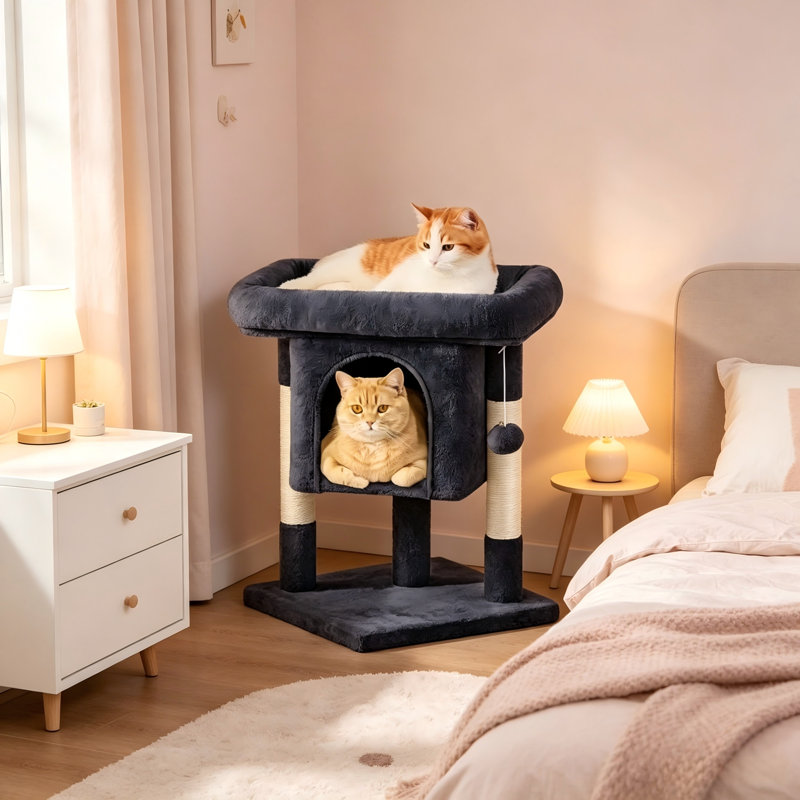 Arbre à chat noir de style H de 23,5 pouces, disposition spacieuse, équipé d'une clôture à chat et de poteaux à griffes.