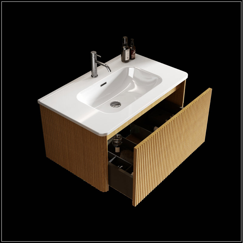 Meuble-lavabo flottant mural 30 po avec lavabo en céramique, design moderne et spacieux pour un rangement amélioré, Chêne