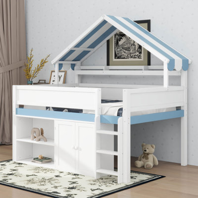 Lit mezzanine double avec toit à baldaquin et armoire de rangement