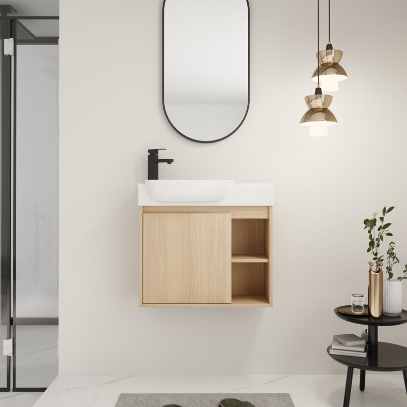 26-Inch Wall-Mounted Bathroom Vanity Set, Featuring White Ceramic Sink & Soft-Closing Door
