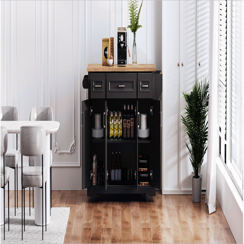 54Inch Large Kitchen Island With Rubber Wood Drop Leaf, Embossed Texture Rolling Kitchen Cart On 4 Wheels With 4 Doors And 3 Drawers, Kitchen Island With Storage For Kitchen, Dining Room