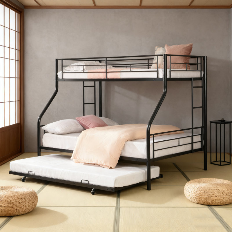 Lit superposé simple au-dessus d'un lit double en métal avec lit gigogne - aucun sommier nécessaire, rangement sous le lit de 13 po, assemblage facile (empilable seulement, non convertible)