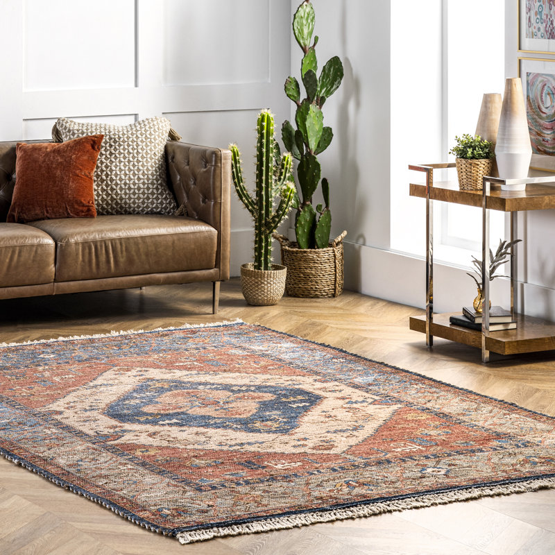 Shamus Traditional Distressed Medallion Flatweave Rust/Blue/Brown Rug, Rectangle 9' x 12'