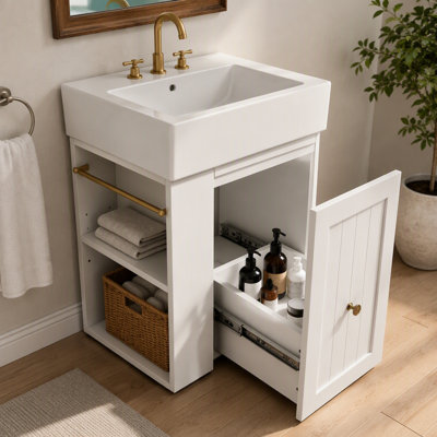 Meuble-lavabo de 20 pouces avec lavabo en céramique, armoire de rangement en panneau de fibres à densité moyenne avec tiroir, tablette latérale et poignée dorée - meuble-lavabo moderne pour les petites salles de bain