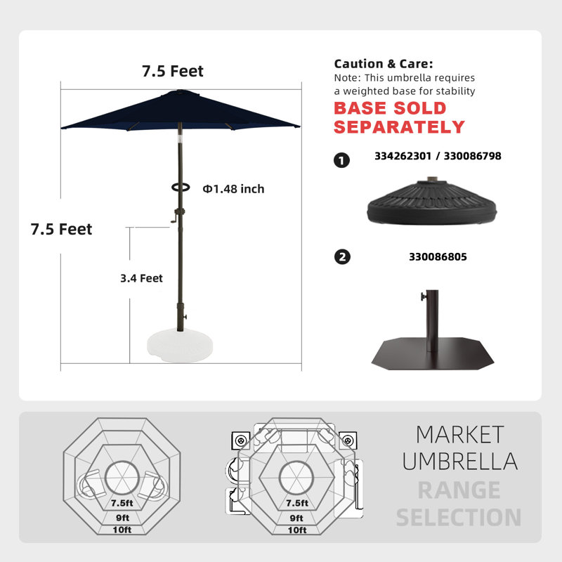 Parasol de marché 7,5 pi avec bouton poussoir et manivelle, Marine