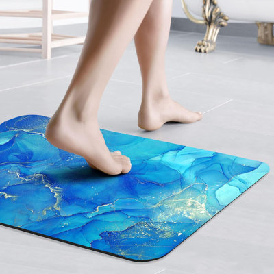 Bath Mat Rug Super Absorbent Quick Dry Thin Bathroom Rugs Fit Under Door Non Slip Rubber Backed Bathroom Floor Mat for in Front of Bathtub Sink Shower (16"x24", Blue)