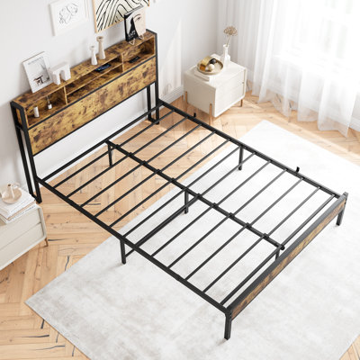Structure de lit double en métal avec tête de lit et charge USB, tablettes de bibliothèque, plateforme silencieuse, sans sommier, assemblage facile, noir