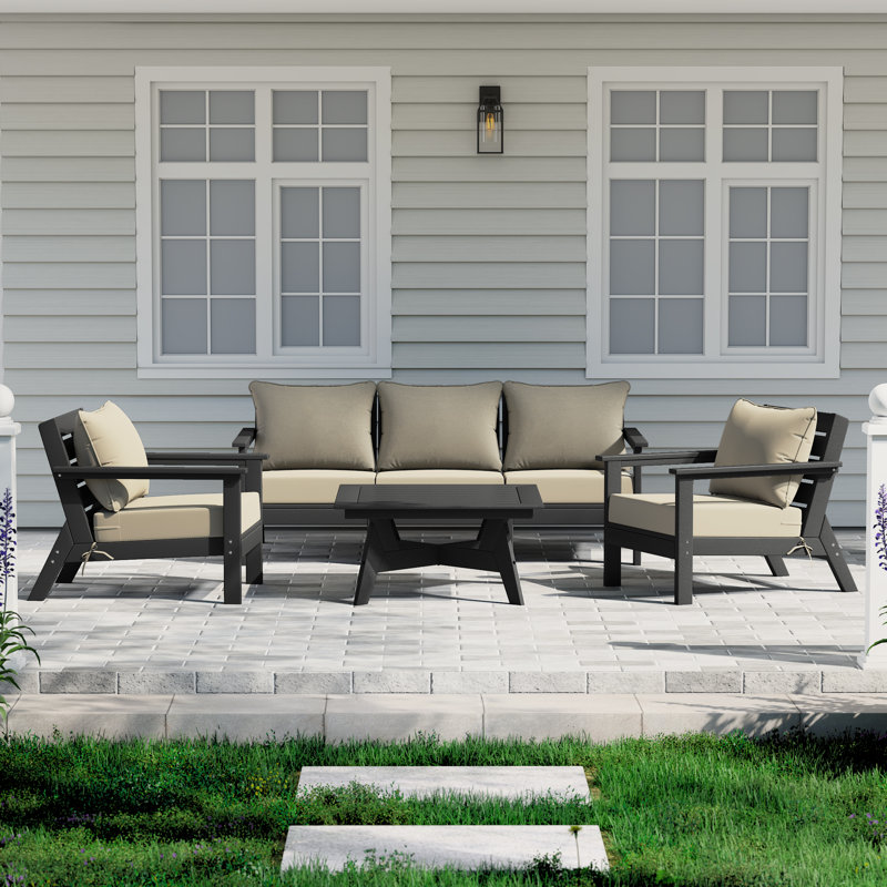 6-Piece Deep Seating Set, Beige, Black
