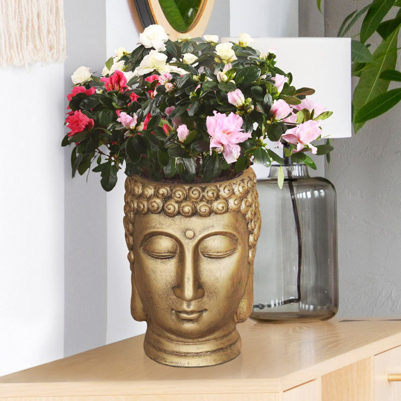 Buddha Head Small Planter, Concrete Effect Indoor Plant Pot, Face Flower Pot, Decorative Pot Cover, 24cm H x 19cm W x 18cm D