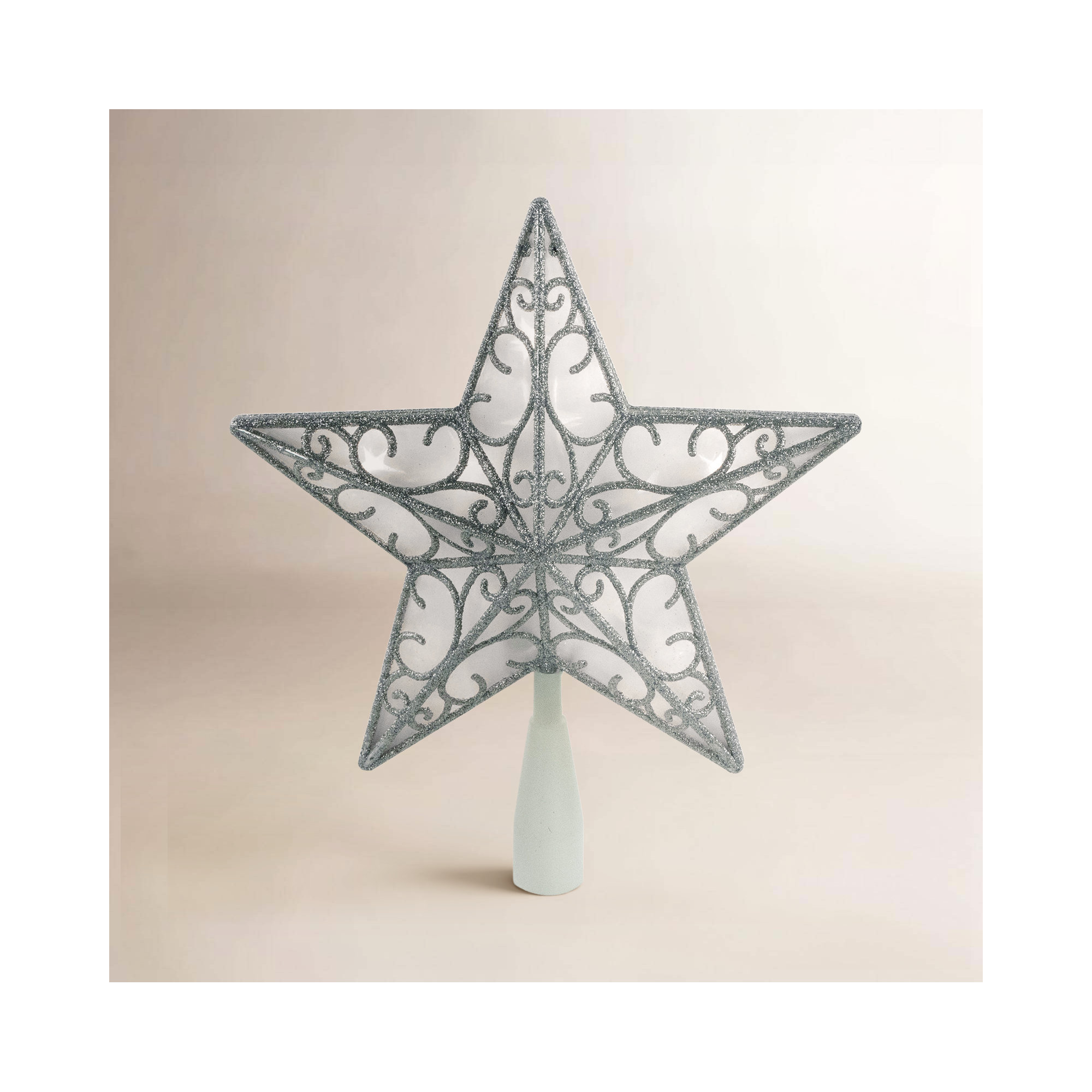 9" LED Lighted Glitter Star Christmas Tree Topper Warm White Lights, Silver
