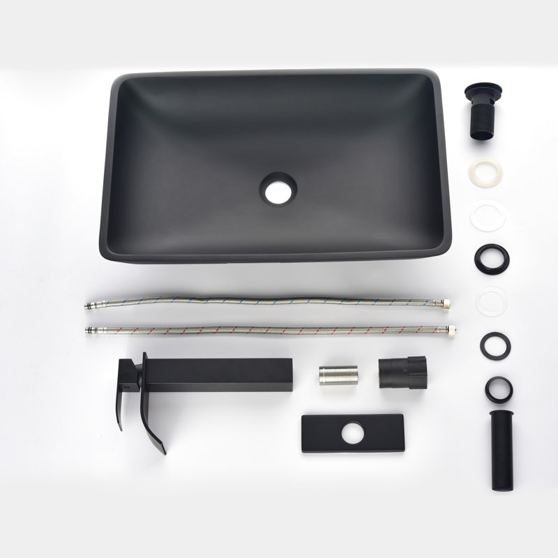 One Bathroom Sink With Matte Black Faucet And Drain - 14.38"L X 22.25"W 4-3/8"H, Practical Design Rectangular Glass In 19.57 Lb Weight
