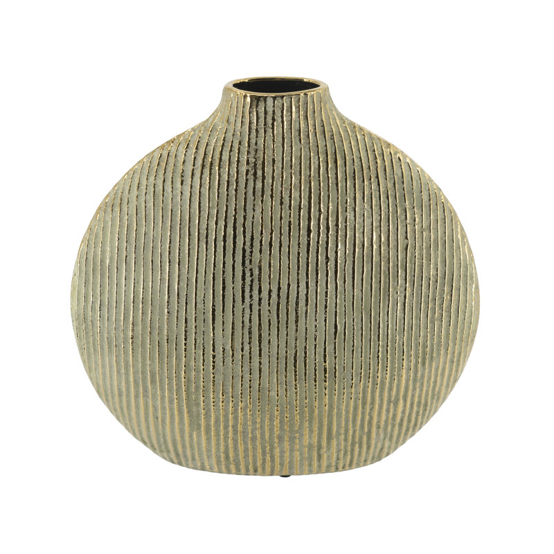 Vase décoratif en céramique 12,2x2,8x12,4 "or avec texture nervurée verticale