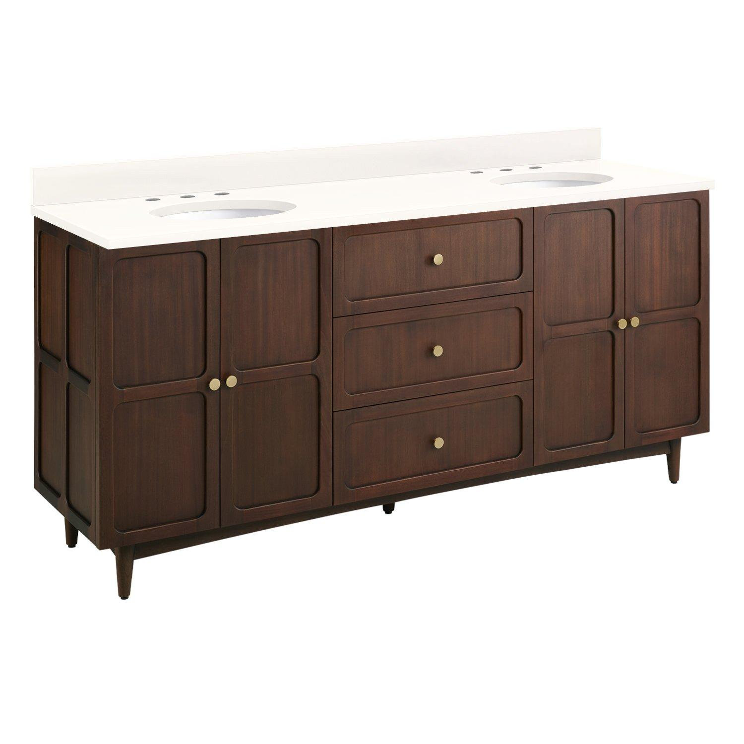 Delavan 72" Mahogany Double Bathroom Vanity, Arctic White Quartz, 72"