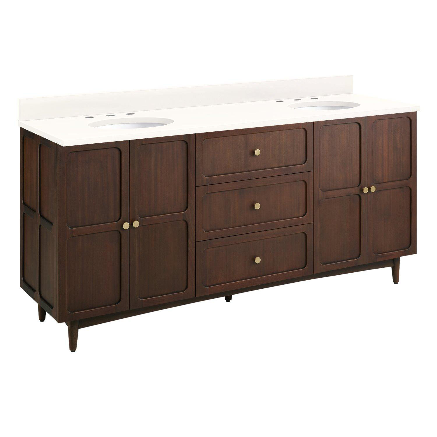 Delavan 72" Mahogany Double Bathroom Vanity, Arctic White Quartz