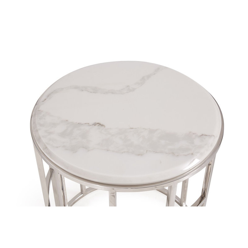 Élégante table de bout ou d'appoint géométrique ronde en marbre argent et blanc