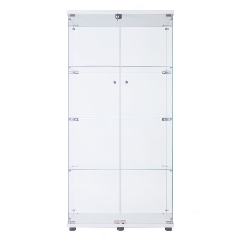 LED Strip Light Two Door Glass Cabinet Glass Display Cabinet With 4 Shelves, White