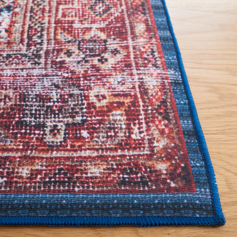 Tucson Vintage Look Machine Washable Non-Slip Area Rug in Red & Dark Blue, Square 183 cm