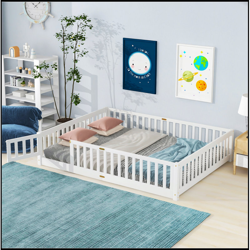 Floor Platform Bed With Fence Guardrails And Door, White, Queen