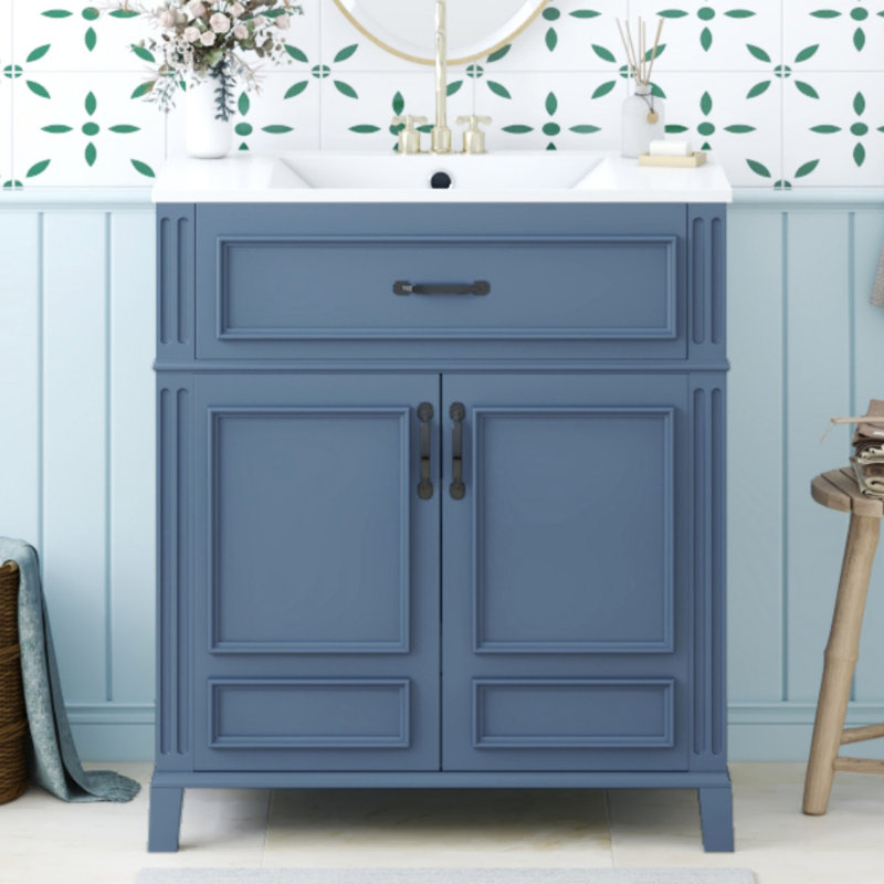 Meuble-lavabo de 30 po avec lavabo en céramique, armoire de rangement en bois massif avec portes à fermeture douce, meuble-lavabo