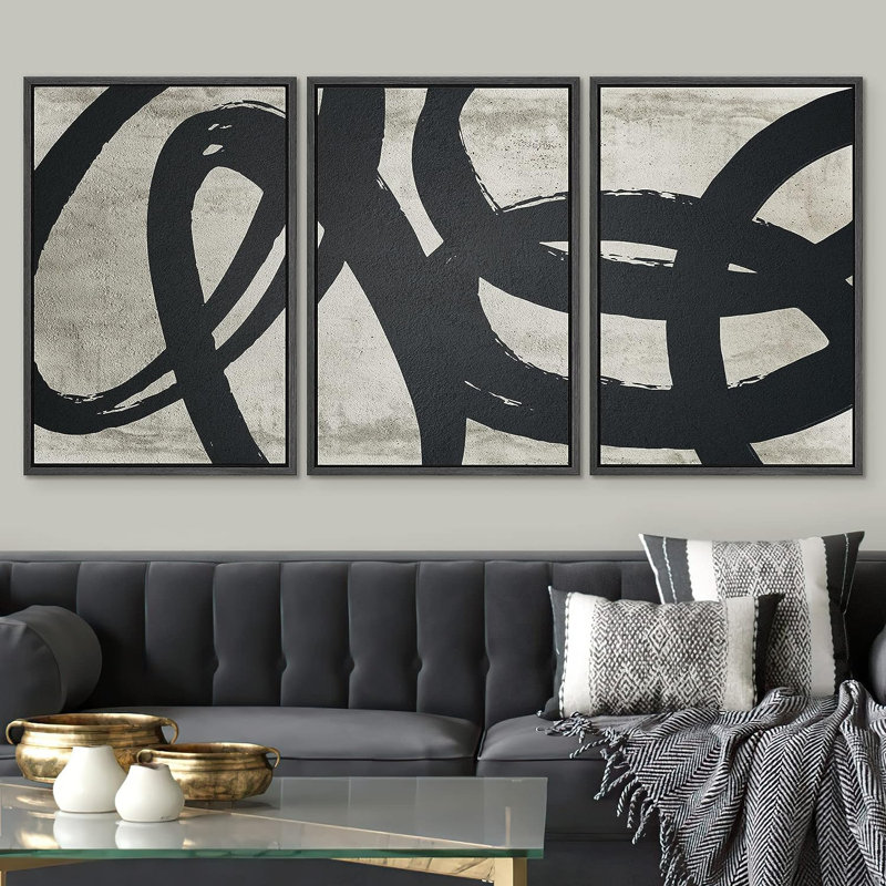 «Geometric Paint Stroke», formes abstraites, illustrations abstraites encadrées sur toile, 3 pièces, Cadre noir