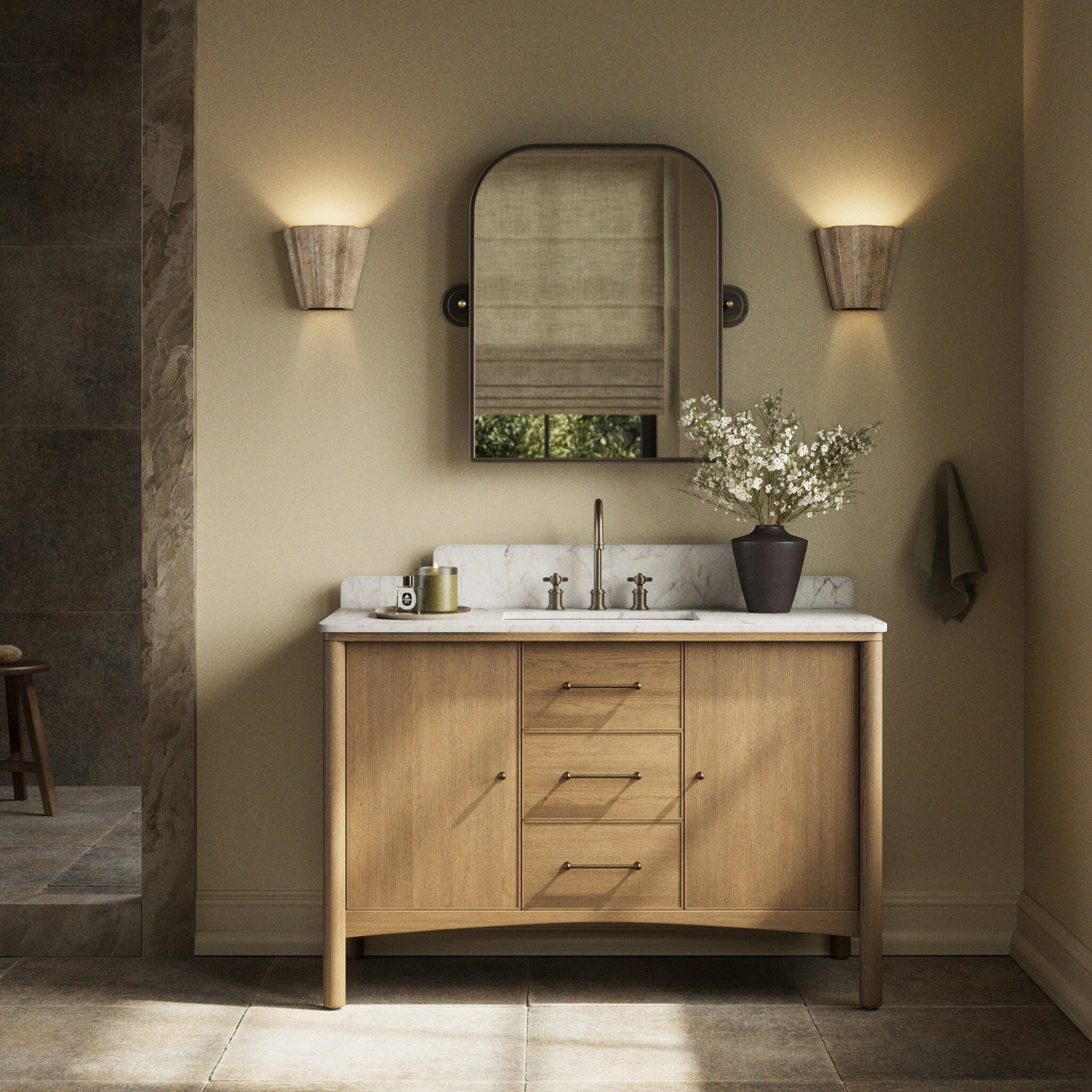Carrara Marble Double Bathroom Vanity, 48.5"