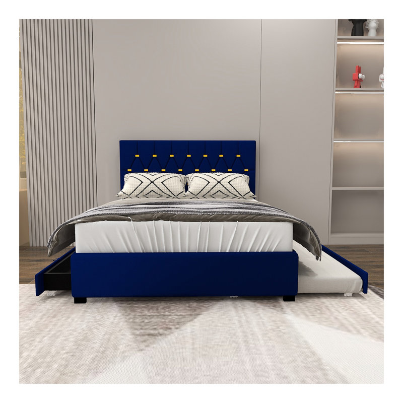 GRAND LIT MODERNE EN VELOUR AVEC MODÈLE DOUBLE ET 2 TIROIRS DE RANGEMENT - BLEU (VIEUX SKU: W1867S00001)