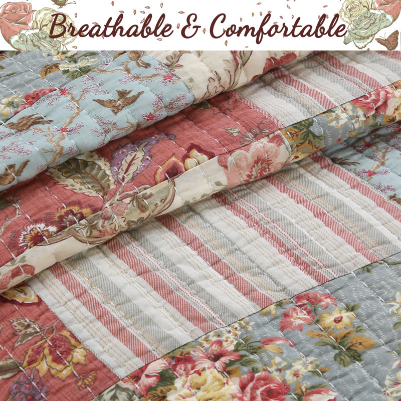 King Size Ivory Cotton Reversible Floral Patchwork Quilt Set