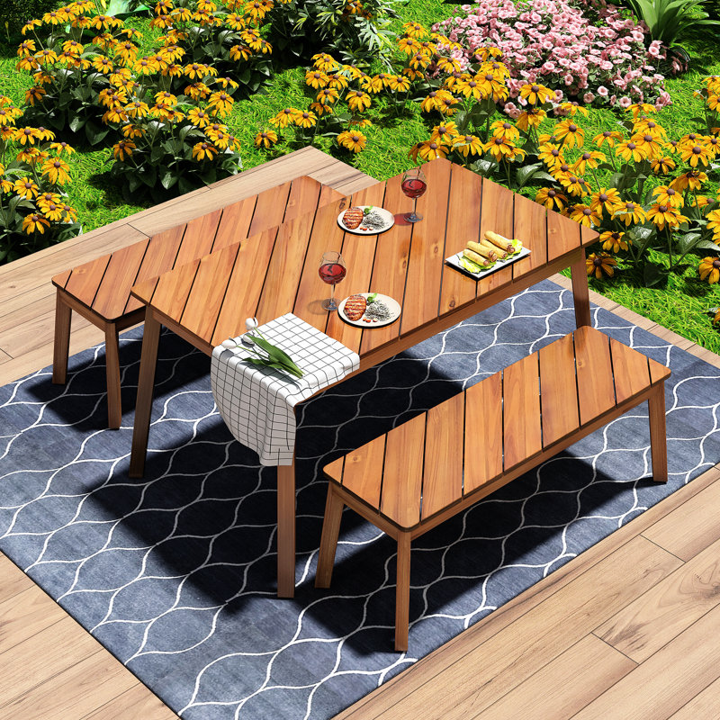 3 pièces en bois pour la salle à manger avec 2 bancs, pour les environnements extérieurs et intérieurs, bois grainé diagonal unique, installation rapide, stable sur tous les motifs - pièce de conception moderne, assemblage, repose-pieds réglables