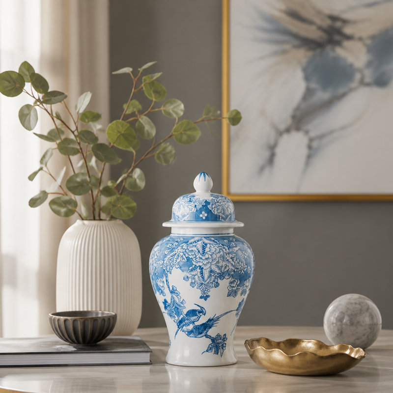 Pot à gingembre classique en porcelaine de 21 x 39 cm (8,3 x 15,2 po) avec un élégant motif de fleurs et d'oiseaux, silhouette incurvée pour la table