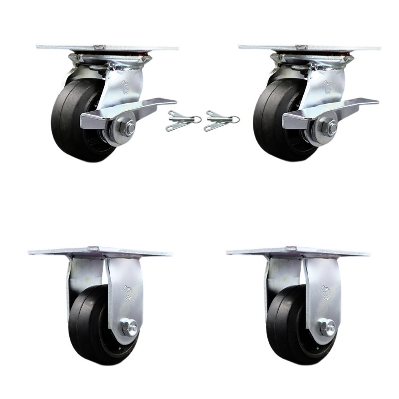 4 Inch Rubber on Steel Caster Set 2 Brakes/Swivel Locks and 2 Rigid SCC
