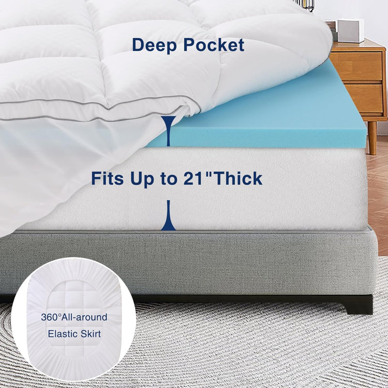 Dual-Layer 4 Inch Memory Foam Mattress Topper For Back Pain, 2 Inch Cooling Pillow Top Mattress Pad Cover And 2 Inch Gel Memory Foam Topper, Deep Elastic Pocket, White