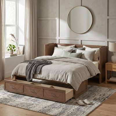 Queen Size Pine Wood Murphy Bed Cabinet With USB Charging & Divided Drawer