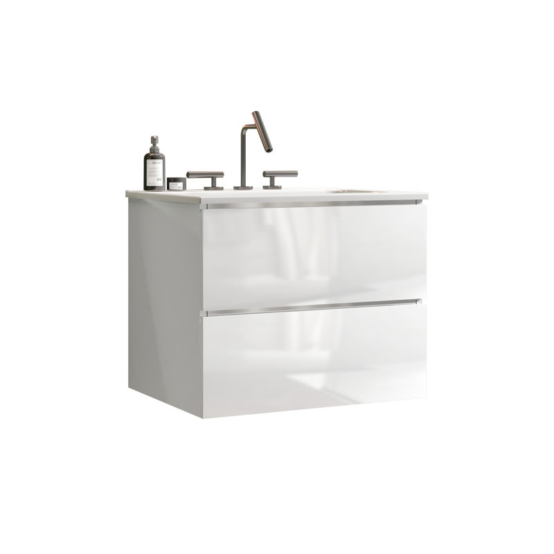 Modern Space Grey Bathroom Sink Unit - Ceramic Basin Silent Drawer Box Storage Vanity Drawers Inside, Blanc, 24"