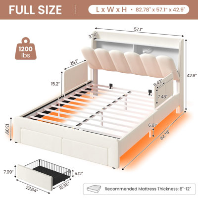 Full Size Upholstered Led Princess Bed Frame With Storage Drawers, Safety Rails, Charging Station, Heavy-Duty Metal Stand, Beige