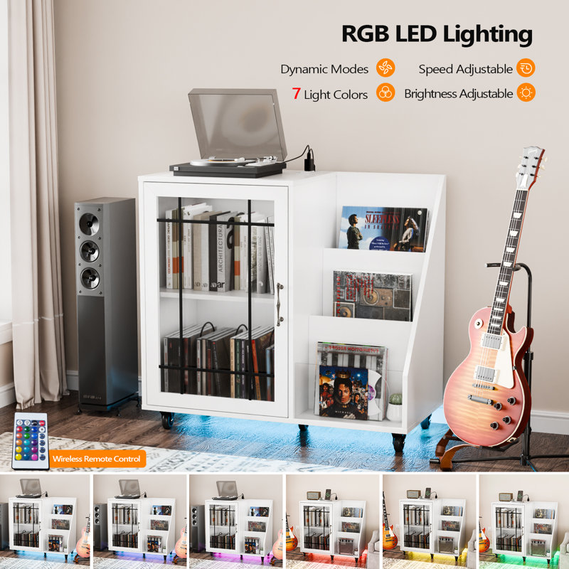 Mathea Record Player Stand with LED Lights Turntable Stand Up to 350 Albums, White