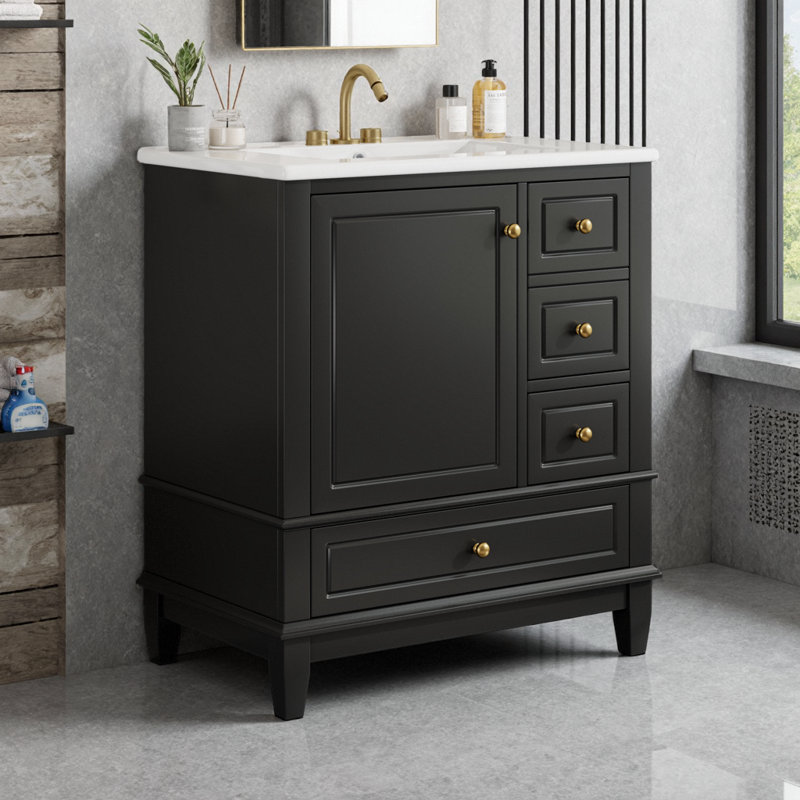 Meuble-lavabo 30 po avec lavabo en céramique, 1 porte avec rangement + 3 tiroirs, charnières à fermeture en douceur, structure en bois d'hévéa, armoire autoportante de 4 po avec robinet central