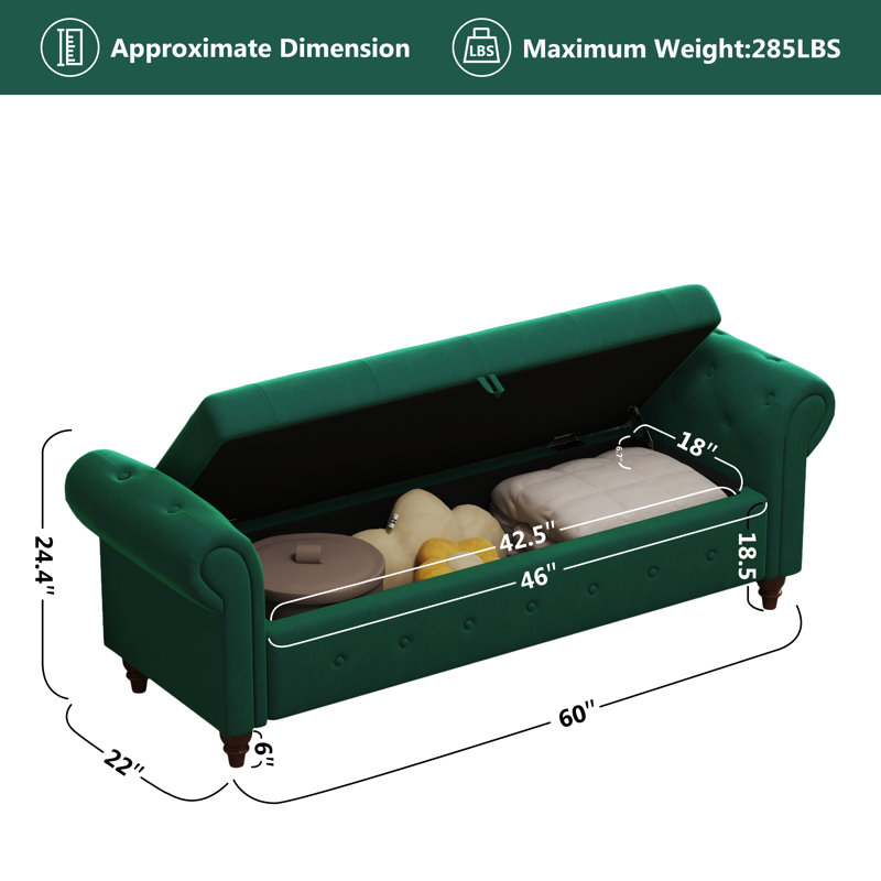Conring 63" Tufted Storage Bench, Upholstered Storage Ottoman Bench, Rolled Arm Window Bench, Dark Green