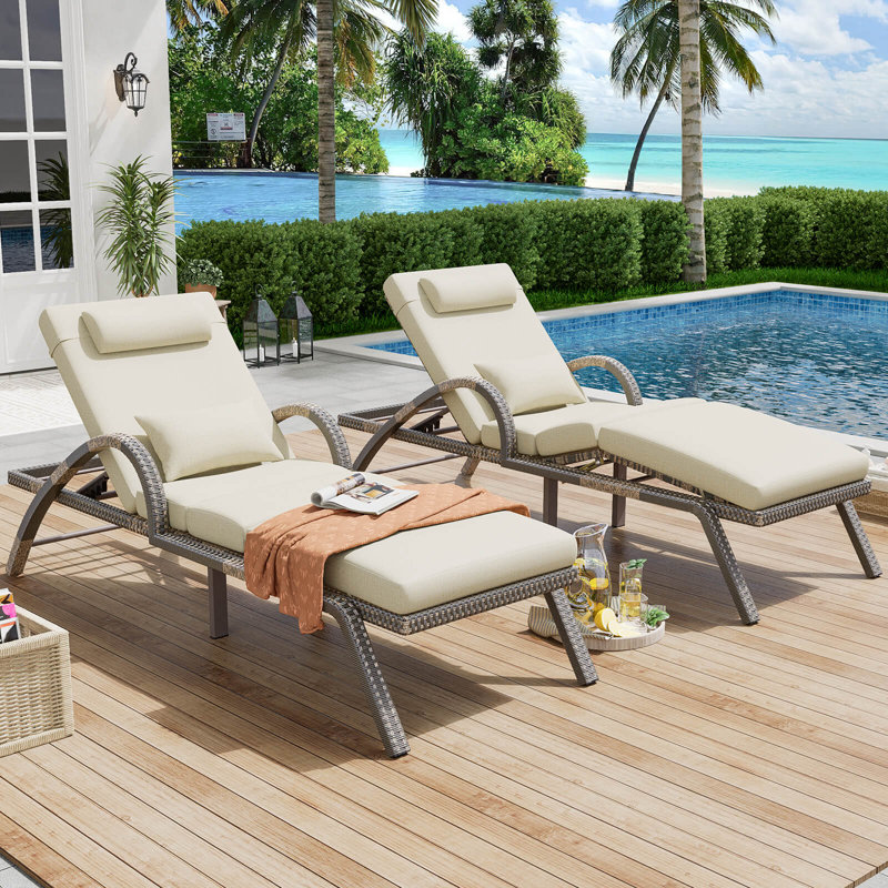 Outdoor Lounge Chairs Set Of 2, Pool Lounge Chairs With Adjustable 5 Position Backrest & Leg Support, Pe Rattan Chaise Lounge Patio Chairs For Backyard Porch Deck