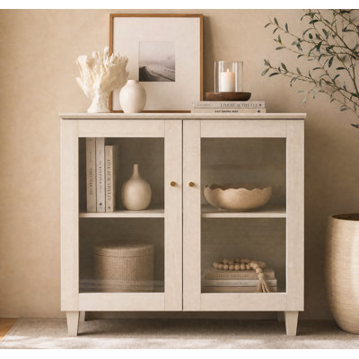 Lysiane 35" Small Sideboard Buffet Cabinet With Glass Doors, Modern Wood Kitchen Credenza Storage Cabinet With Adjustable Shelf For Living Room, Dining Room