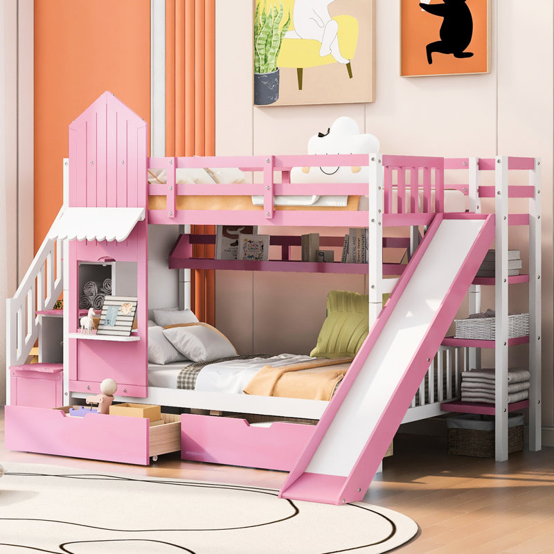 Lit superposé Twintwin en rose, 2 tiroirs, 3 tablettes, glissade, conception unique, crée un espace confortable et ludique pour une chambre d'une capacité de poids de 250 lb,