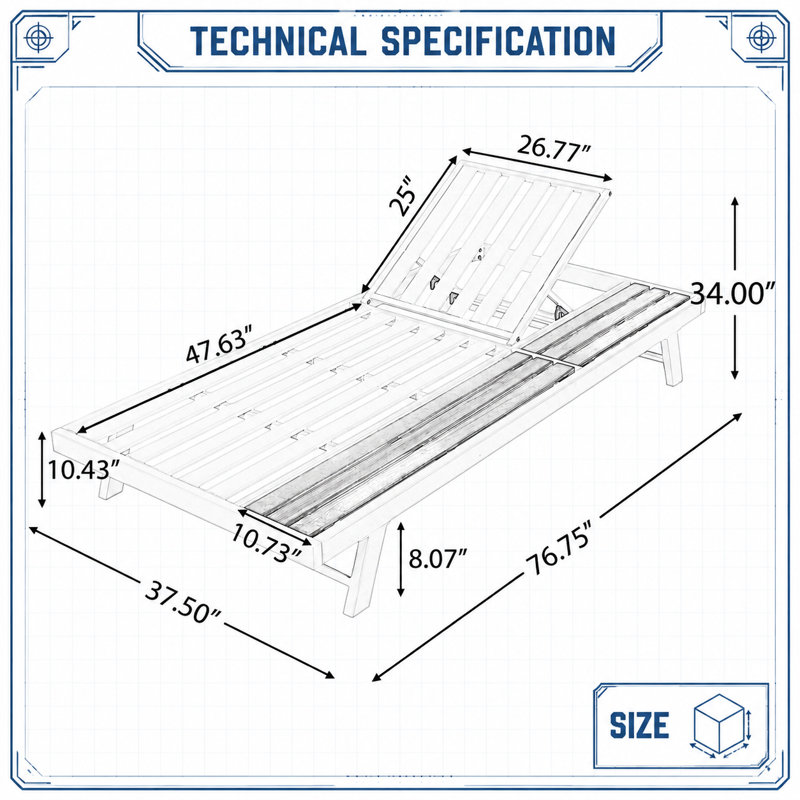 Structure de chaise longue d'extérieur avec dossier réglable à plusieurs positions, surface de rangement plate intégrée, fabrication durable de matériaux mixtes, capacité de poids de 400 lb, siège à lattes