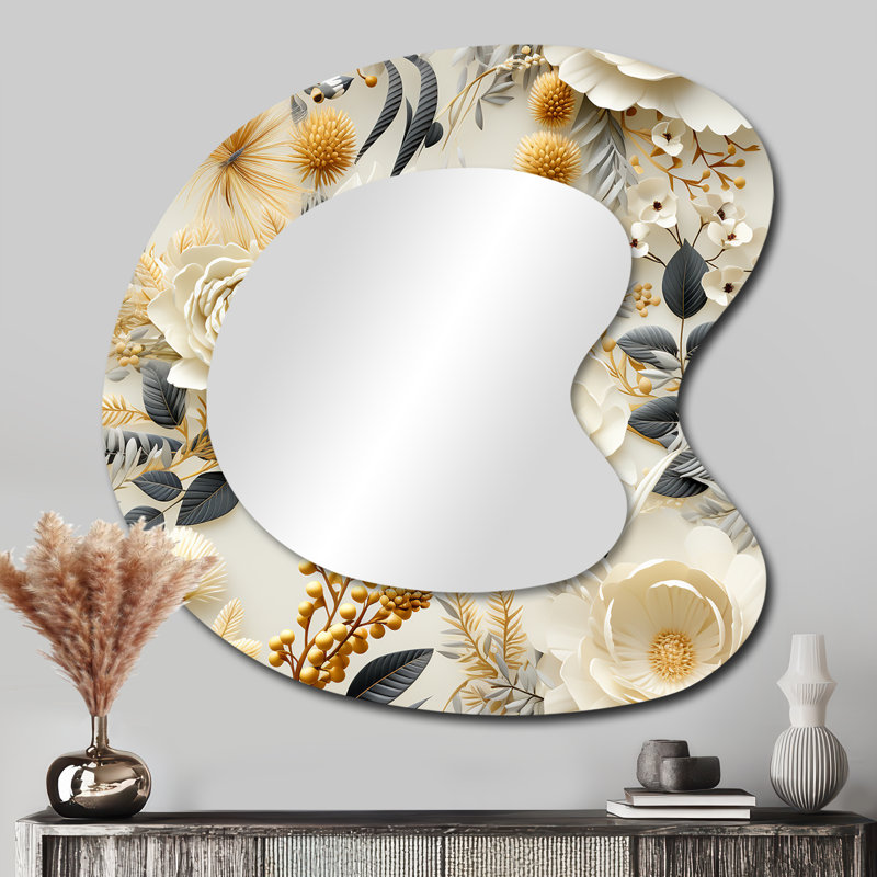 Miroir mural floral traditionnel aux formes asymétriques, 33 po x 33 po